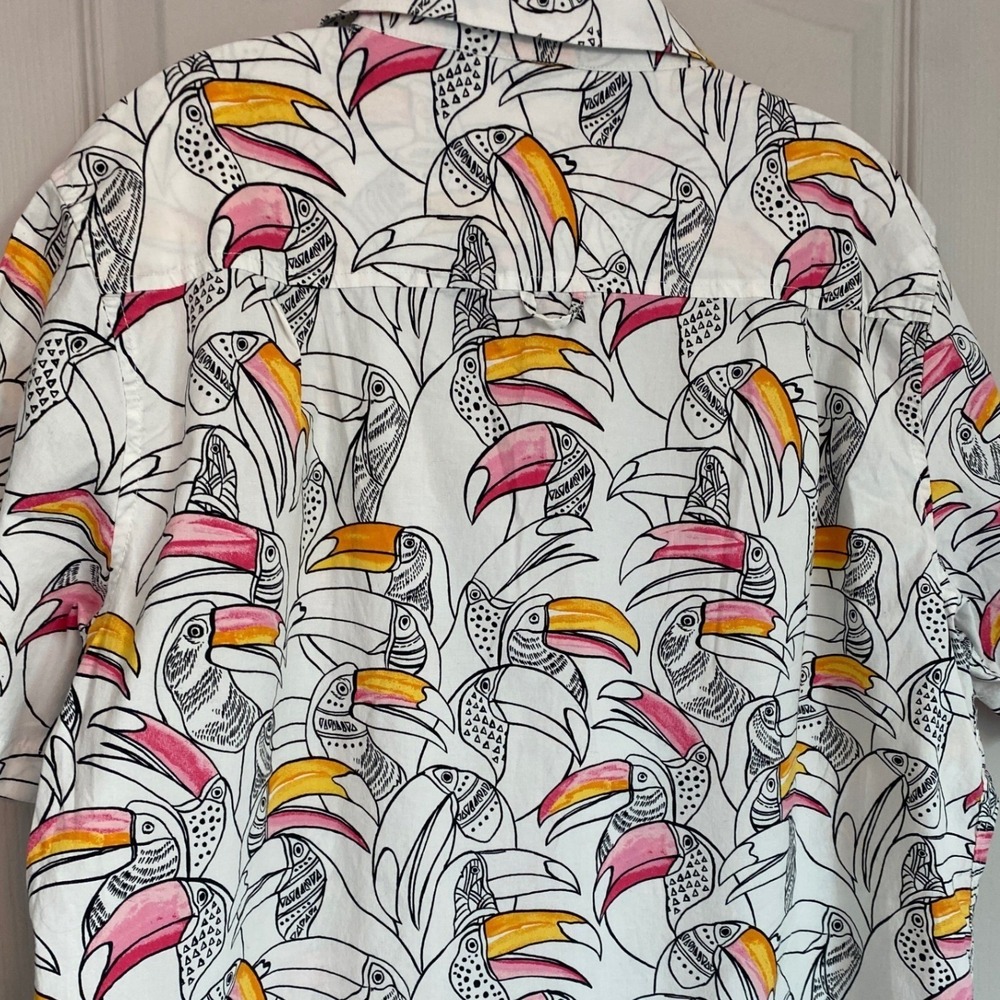 Hurley Mens Toucan Print Short Sleeve Button Down Shirt White Pink Large - Picture 7 of 9